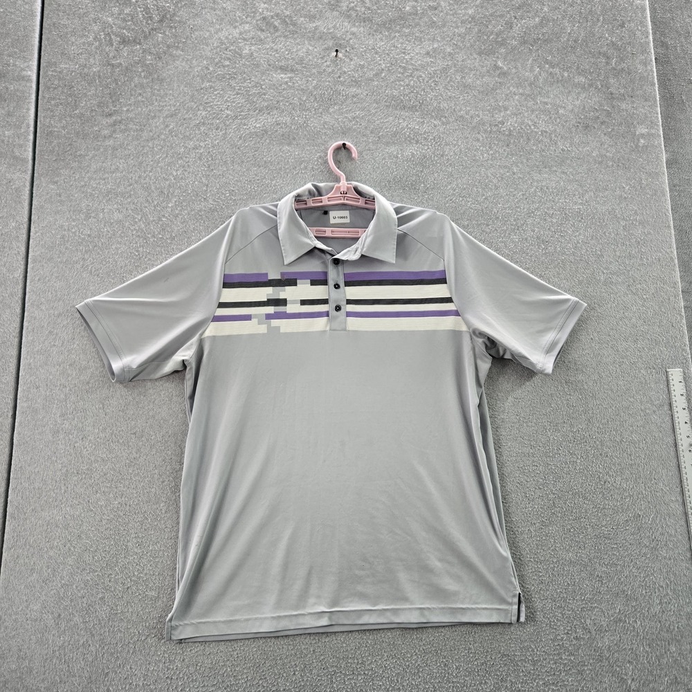 Adidas Men Polo L Gray Striped Climacool Activewear Short Sleeve READ